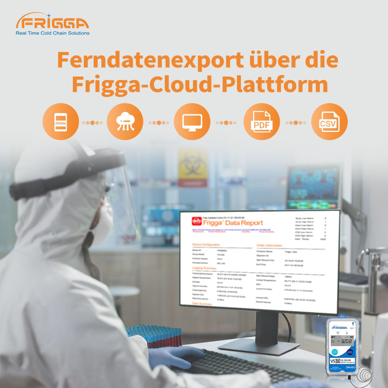 Frigga V5J 4G/5G Echtzeit-Temperatur-Datenlogger mit extra niedrigem externem Fühler Einmalig 28800 Punkte Digitaler Temperatur-Fernschreiber 60 Tage für Trockeneis Flüssigstickstoff-Transport