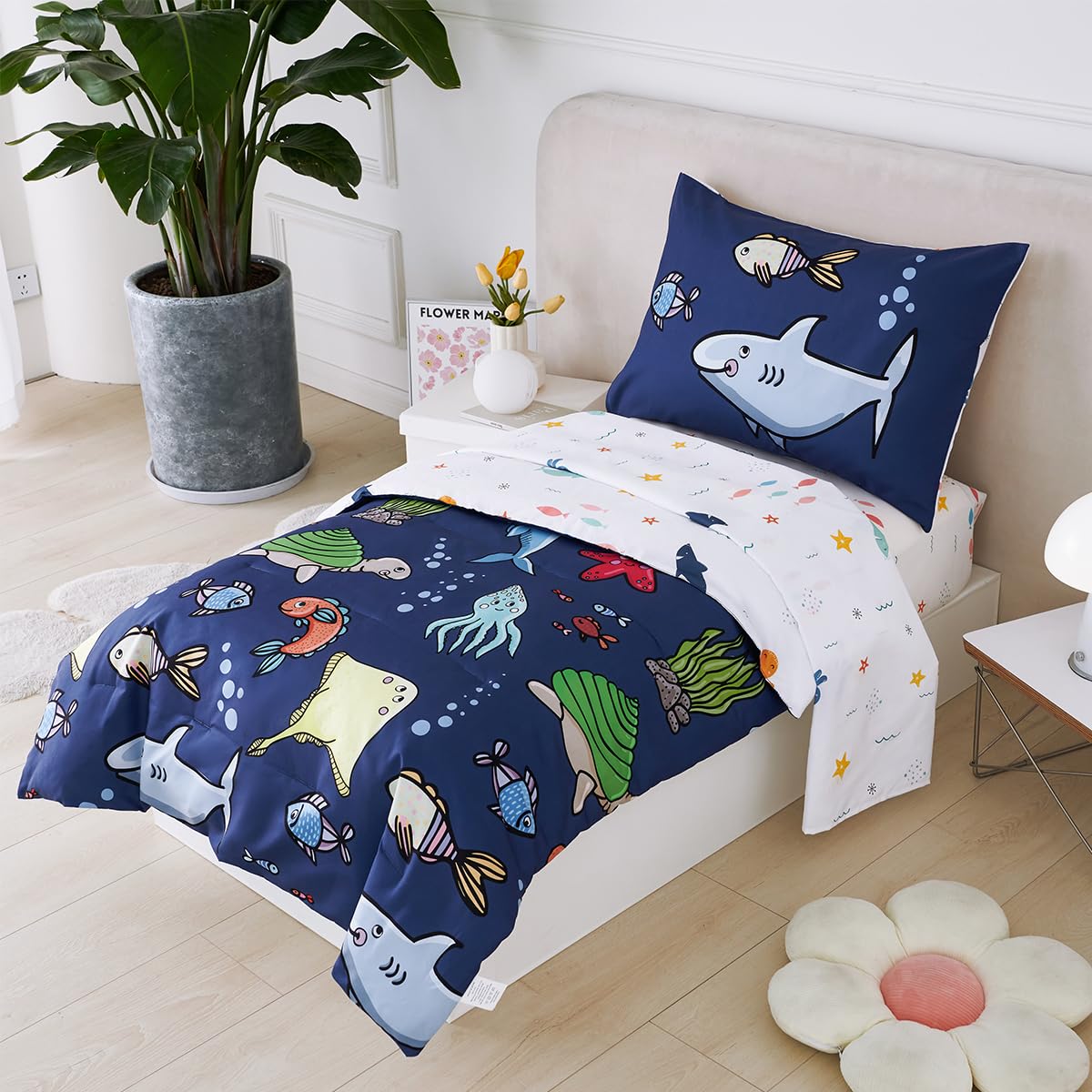 STYHO Duvet Cover Double Ocean Animal Pattern Kids Bedding Set including Pillowcase Set Reversible Underworld Sea Life Navy Blue Quilt Cover for All Season(Navy Blue - Image 2