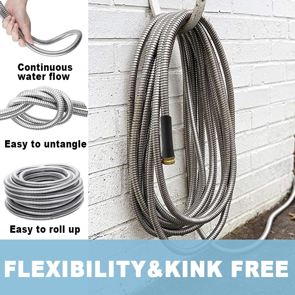 Garden Hose 100 ft Water Hose 304 Metal Stainless Steel Heavy Duty Hose with 10 Function Nozzle & Metal Fittings Flexible, Lightweight, No-Kink, Puncture Resistant for Yard, Outdoor, RV