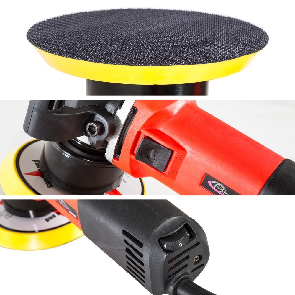 tectake® Pulidora Coche 710 W, 2500-6300 rpm, Mango Curvo y Recto, Disco de Pulido 150 mm, Maletín, Accesorios, Quita Arañazos Coche, Pulimento - Pulidora + Set de 5 piezas