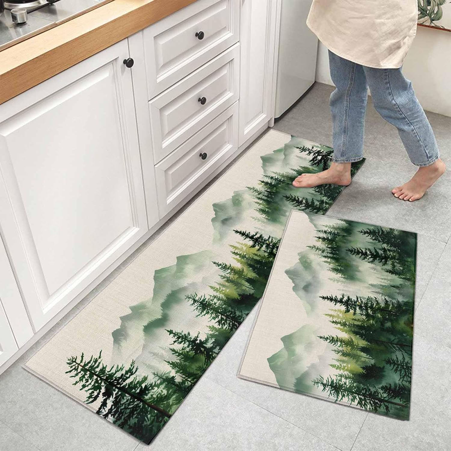 Kitchen Mats for Floor Watercolor Forest Ombre Green Washable Non Slip Kitchen Rugs 2PCS, Vintage Linen Texture Absorbent Standing Mats for Sink Bathroom Office Living Room 15.7x23.6in+15.7x47.2in