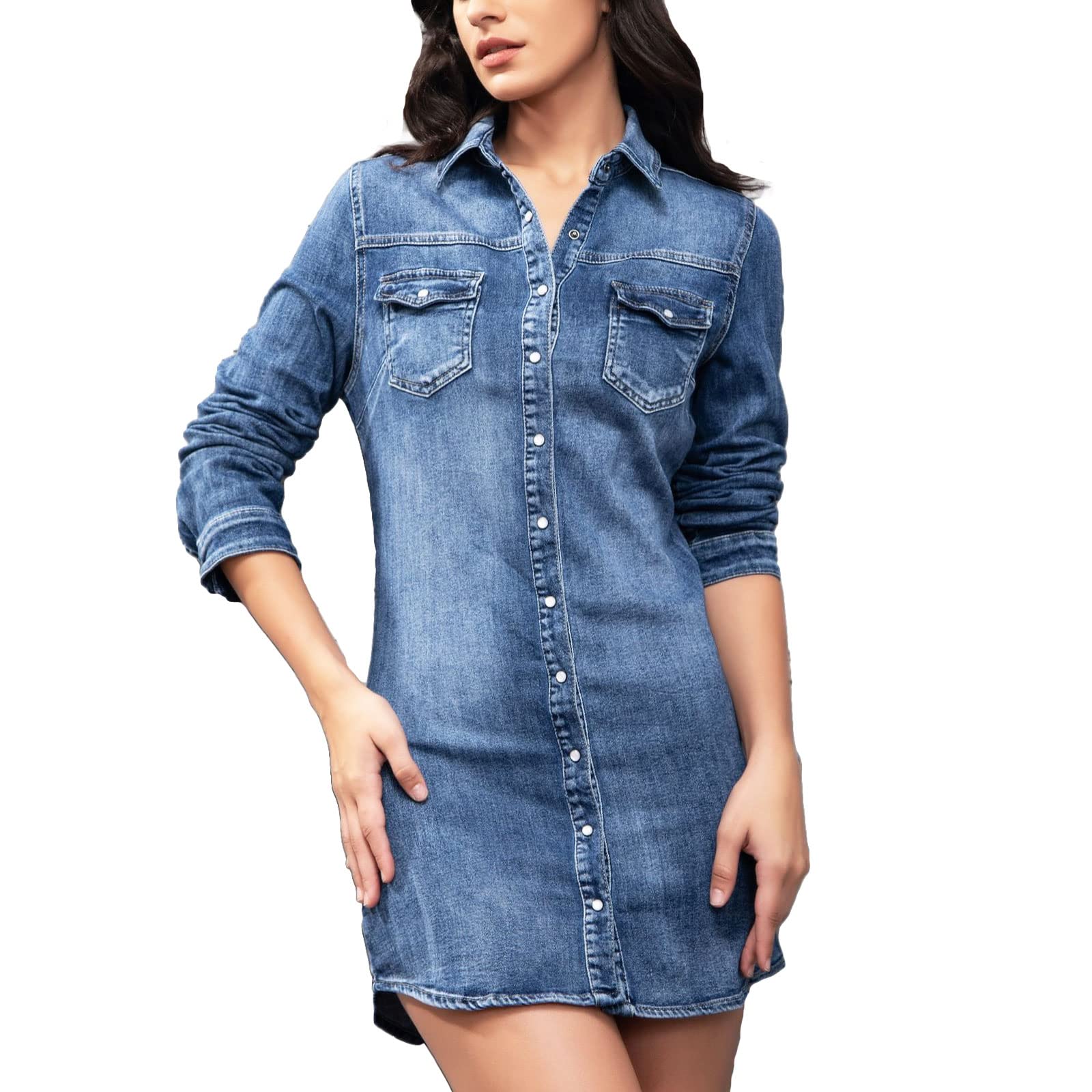 Chemise en jean longue Toocool ajustée pour silhouette élancée L