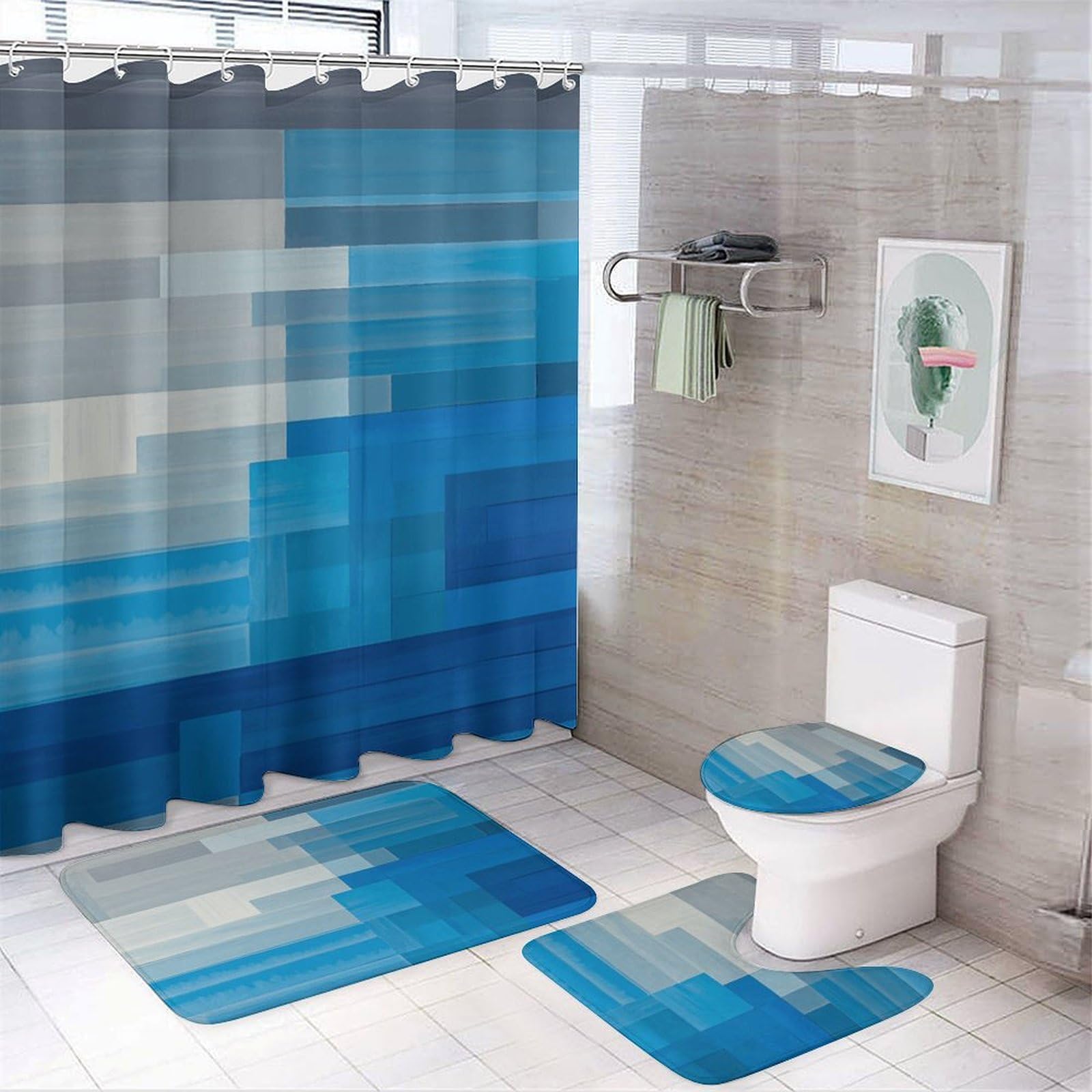 Rideau de douche bleu gris et ensemble de tapis de bain 4 pièces antidérapant