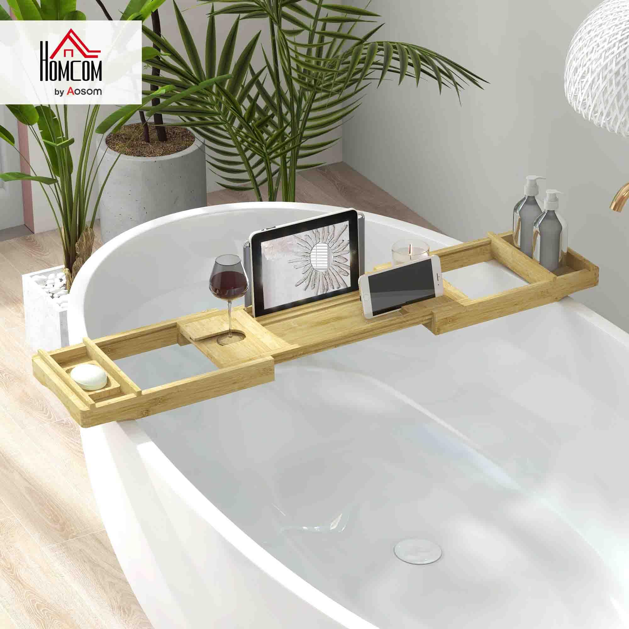 HOMCOM Pont étagère Plateau de Baignoire Extensible en Bambou avec Support gobelet et Porte-Savon, Tablette 75-109 x 23 x 4,5 cm Effet Bois Naturel