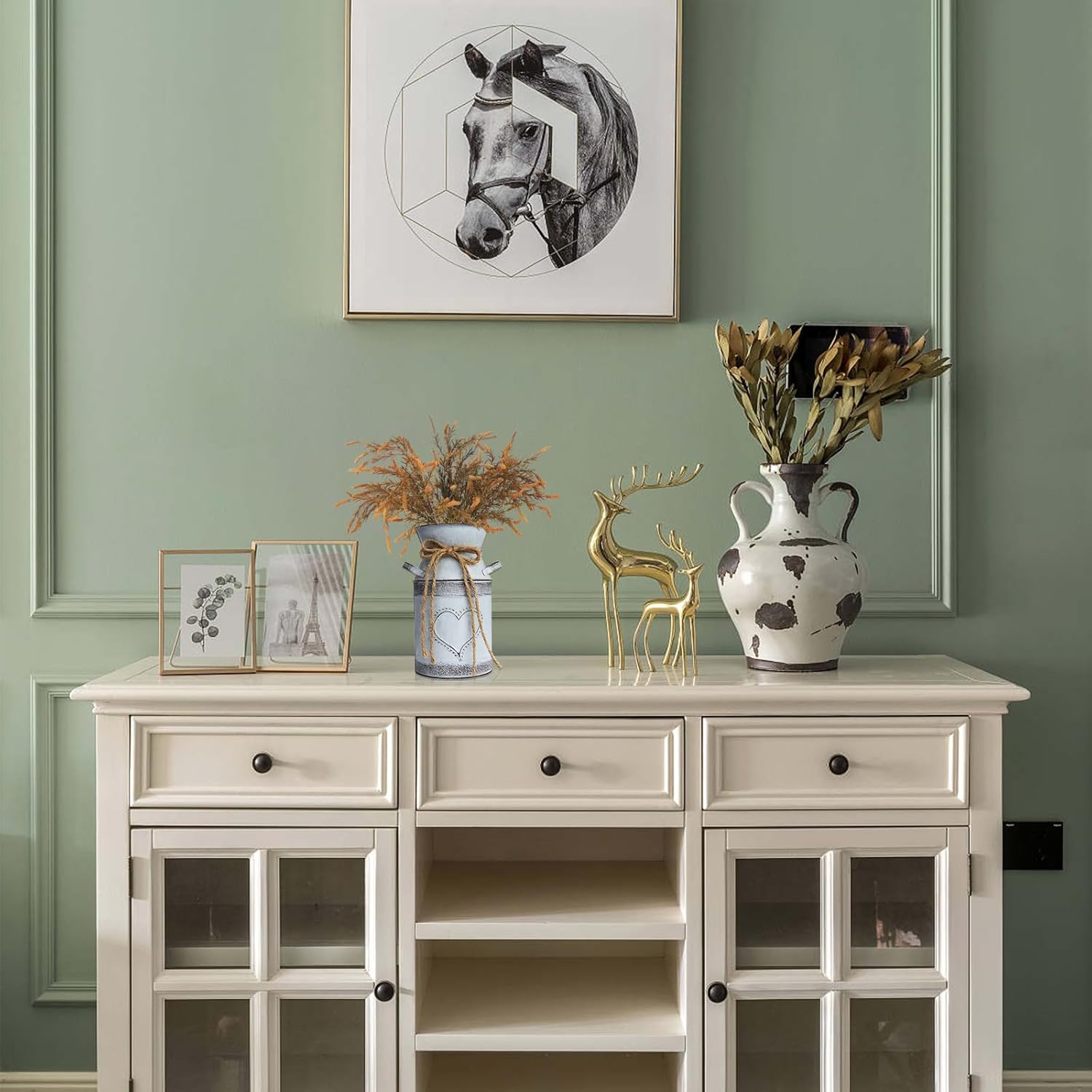 Vintage Iron Milk Can Vase, Rustic Farmhouse Metal Planter Bucket with Handle & Twine, Shabby Chic Flower Holder for Dried Floral Arrangements, Wedding Centerpiece, Home Table Fireplace Decor, 7.5'' - Image 4