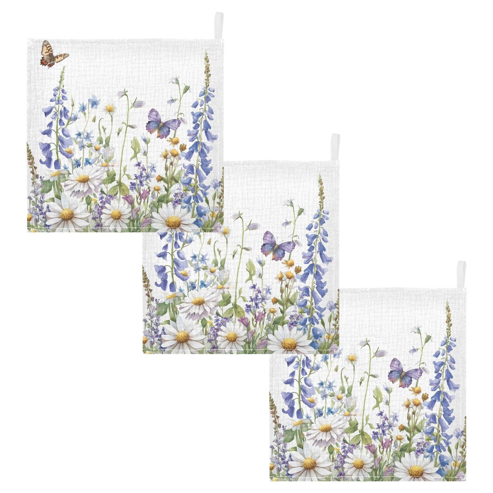 Nander Beautiful Watercolor Wildflowers Baby Muslin Washcloths 3PCS- Soft Face Cloths for Newborn Absorbent Bath Wash Cloths Wipes