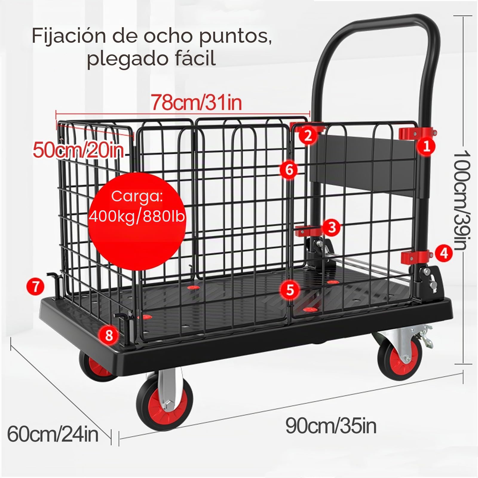 Carro de Plataforma con Jaula,carrito de Jaula Plegable Multifuncional, Ruedas Giratorias con Freno de 5", Carro de Empuje para Comestibles, Lavandería, Estanterías, Despensa(90x60cm/35x24in)