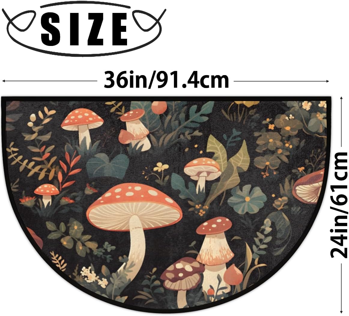 Half Round Door Mat,Mushroom Forest Plants Non Slip Absorbent Entrance Doormat,Welcome Mat for Front Door,Low-Profile Semi Circle Floor Mats Area Rugs for Home Kitchen Garage Patio,36" x 24"