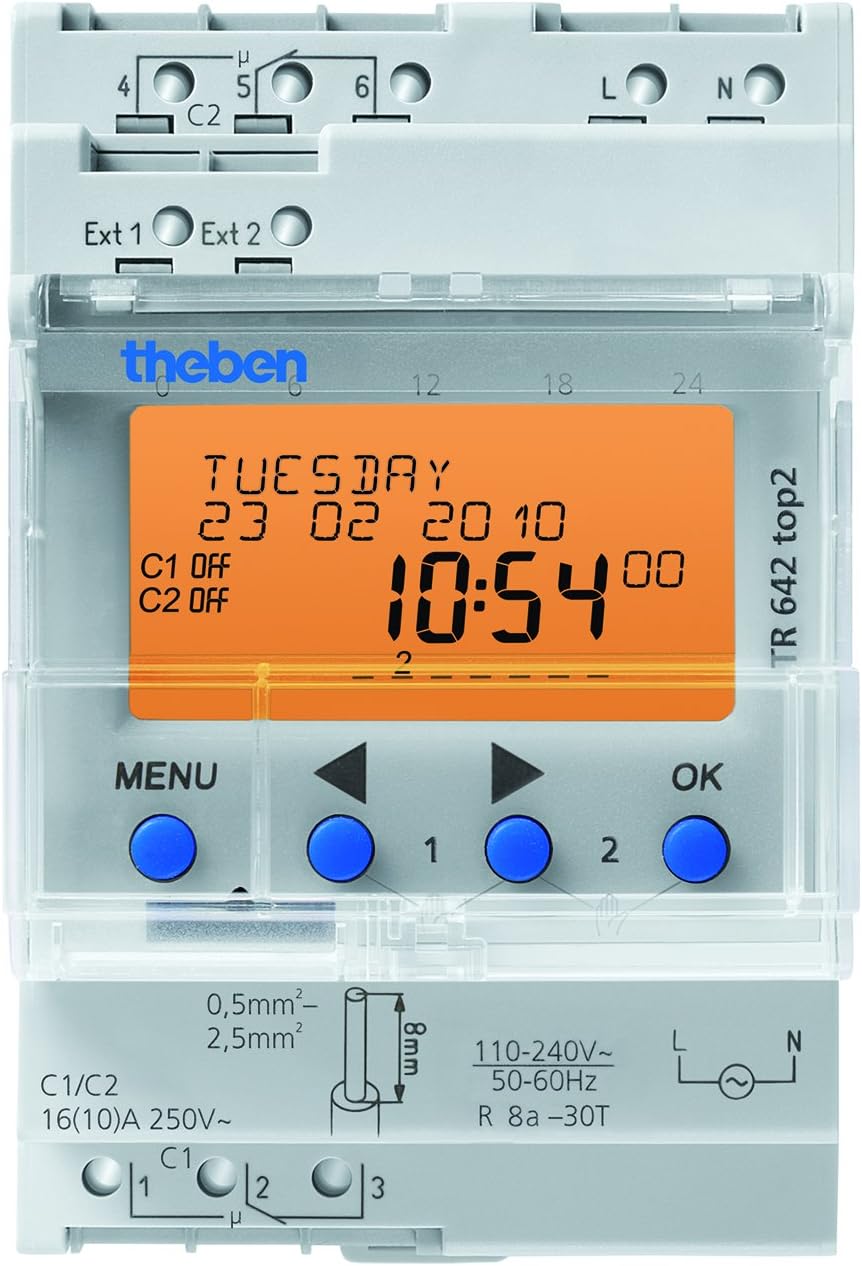 TR-642-TOP-2-120V-240V Theben TR-642-TOP-2-120 VAC/240 VAC Astronomical/Yearly Program 2 Channel Din Mounting Digital Time Switch