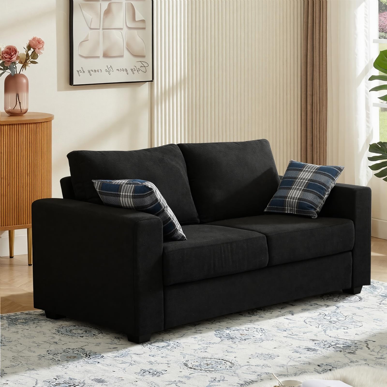 Panana Linen Fabric Sofa Mordern Corner Group Sofa Settee Couch Lounge Sofa Living Room Sofa with 2 Back Cushions, Removable & Washable Cushion Cover (Black, 2 Seater)