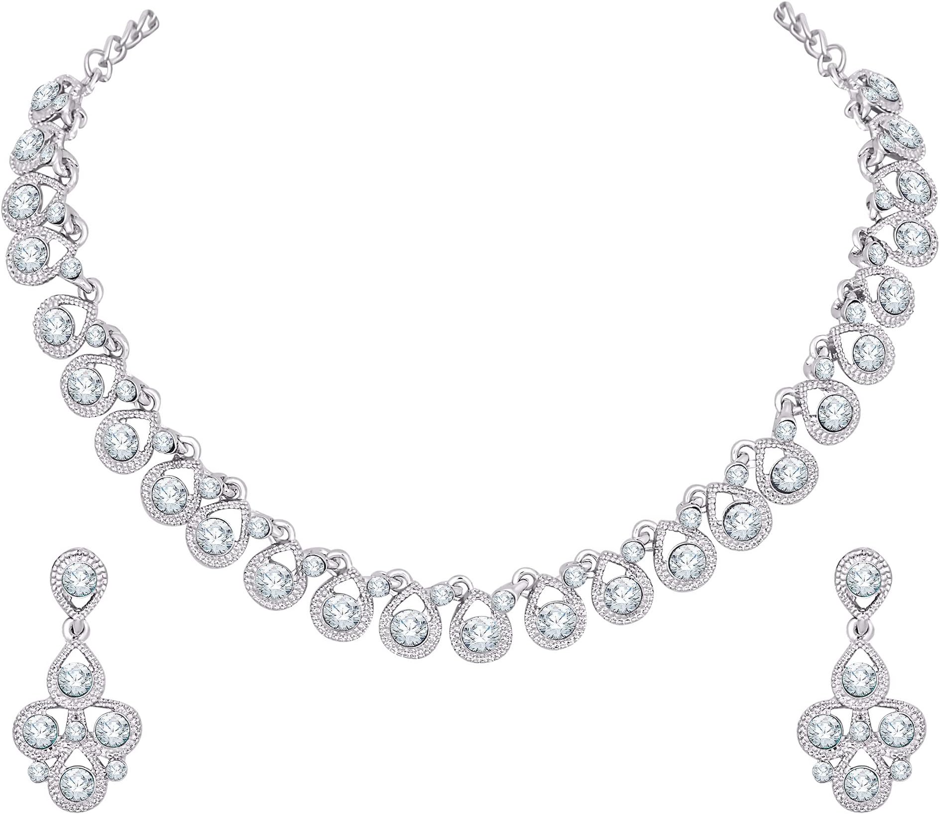 Atasi International Women's Silver Plated American Diamond Jewelry Necklace/Jewellery Set with Earrings (R5461), Silver Necklace for Women, Free, American Diamond Metal