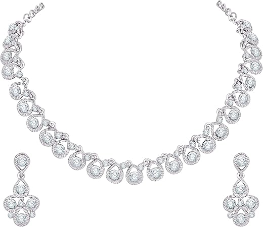 Atasi International Diamond/Stones Silver Plated Alloy Necklace Set with Earrings for Women | Stylish Jewellery for Party, Wedding and Festive Occasions | Fashion Accessories