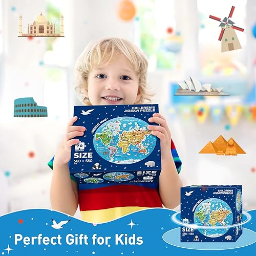 Miniatura 7 de Rompecabezas redondo de mapa del mundo, rompecabezas de suelo geográfico para niños, rompecabezas grande de 70 piezas para niños de 3 a 5 años,