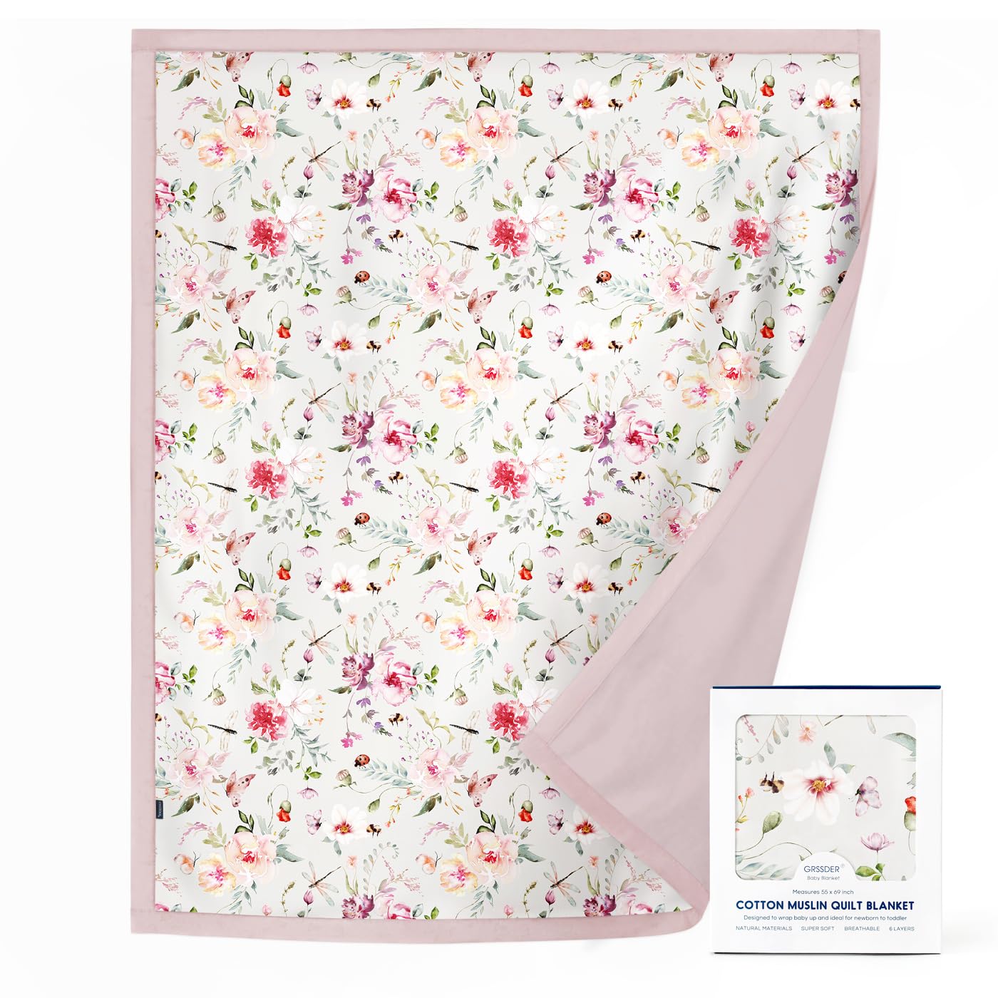GRSSDER Cotton Muslin Quilt Blanket - Silky Soft and Breathable Kids' Throw Blanket, Oversized Muslin Blankets for Newborns, Toddlers &amp; Kids, 6 Layers Reversible Design for All Seasons, 55" x 69"