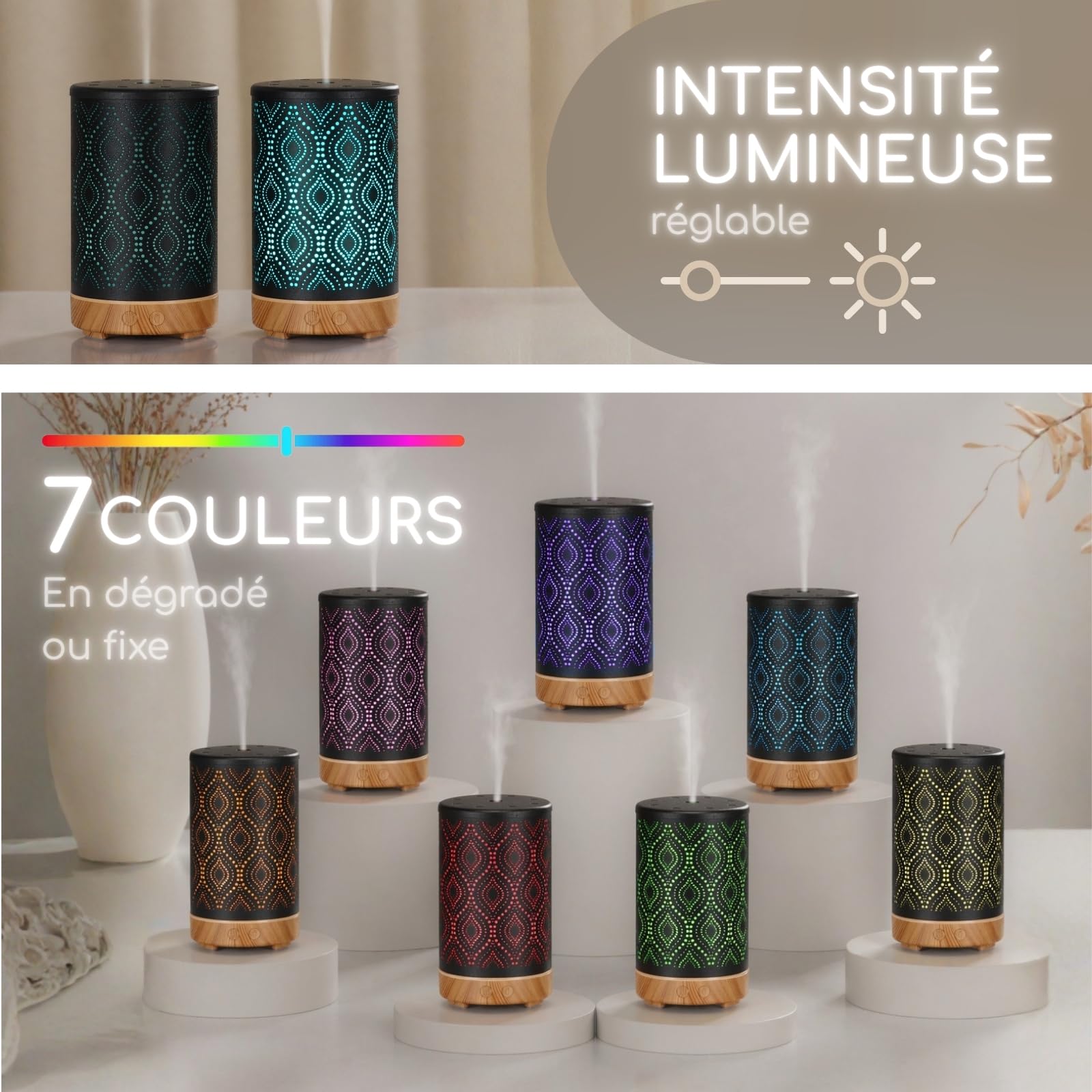 Zen’Arôme Diffuseur Ultrasonique Aromathérapie Séville, Diffusion Huile Essentielle à Froid, Diffuseur Électrique avec Télécommande, Éclairage LED Personnalisable, Coque en Métal avec Motif Original