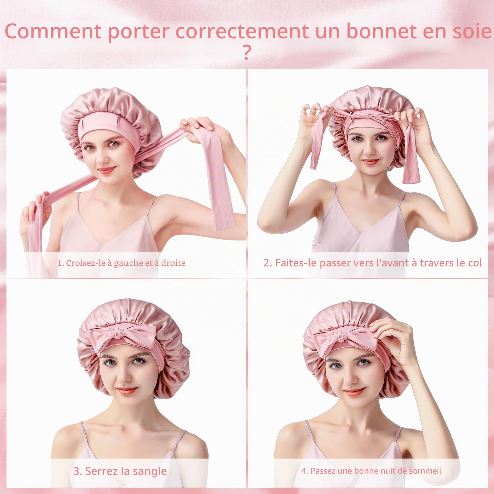 bonnet soie cheveux nuit, 22 Momme double couche silk bonnet, 100% soie de mûrier, doux et confortable, utilisable des deux côtés, convient à tous les types de cheveux - Rose
