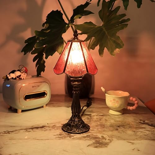 Small Tiffany Table Lamp Pink Bark Pattern Style Stained Glass Desk Lamps 6X6X14 Inch Bronze Resin Base Antique Mini Accent Light Pink Bark