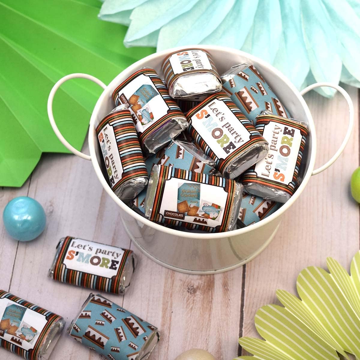S'more Fun With Friends S'mores Birthday Mini Chocolate Candy Bar Sticker Wrappers for Kids, 45 1.4" x 2.6" Wrap Around Labels by AmandaCreation, Great for Party Favors