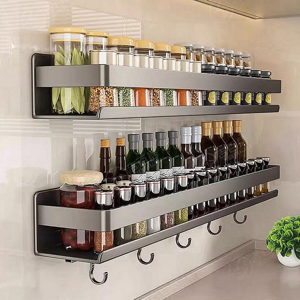 FOTN Wall mount Carbon steel Kitchen utensils seasoning spice storage rack, oil salt, sauce vinegar condiment storage rack, Bathroom toiletries