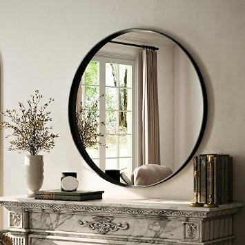 VooBang 24 inch Round Bathroom Mirror, Balck Modern Circle Wall Mounted Mirror with Gorgeous Circular Deep Frame for Bathroom, Living Room, Bedroom, Hanging or Leaning