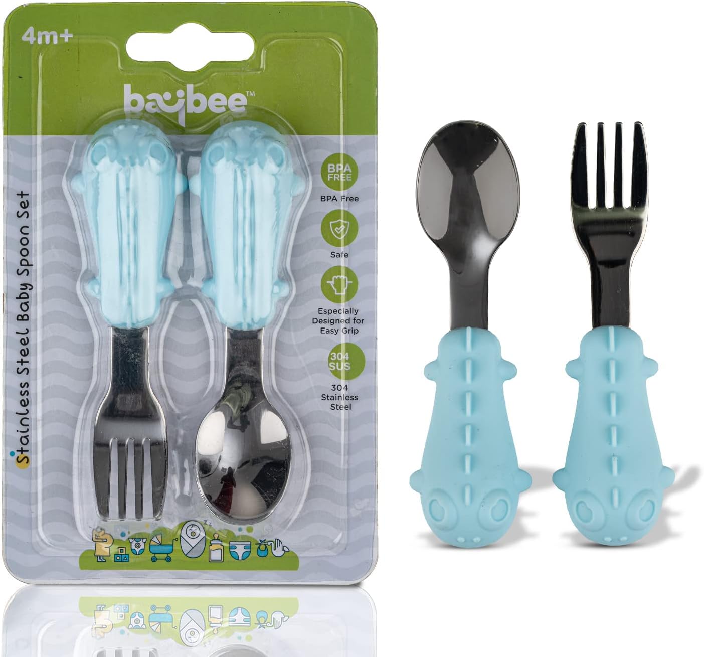 Baybee Stainless Steel Baby Feeding Spoons Set of 2 | Bpa Free- Food Grade Self Feeding Training Utensil Spoon & Fork | Baby & Toddlers Gum Friendly Weaning Supplies for Kids 4 Months+ (Blue)