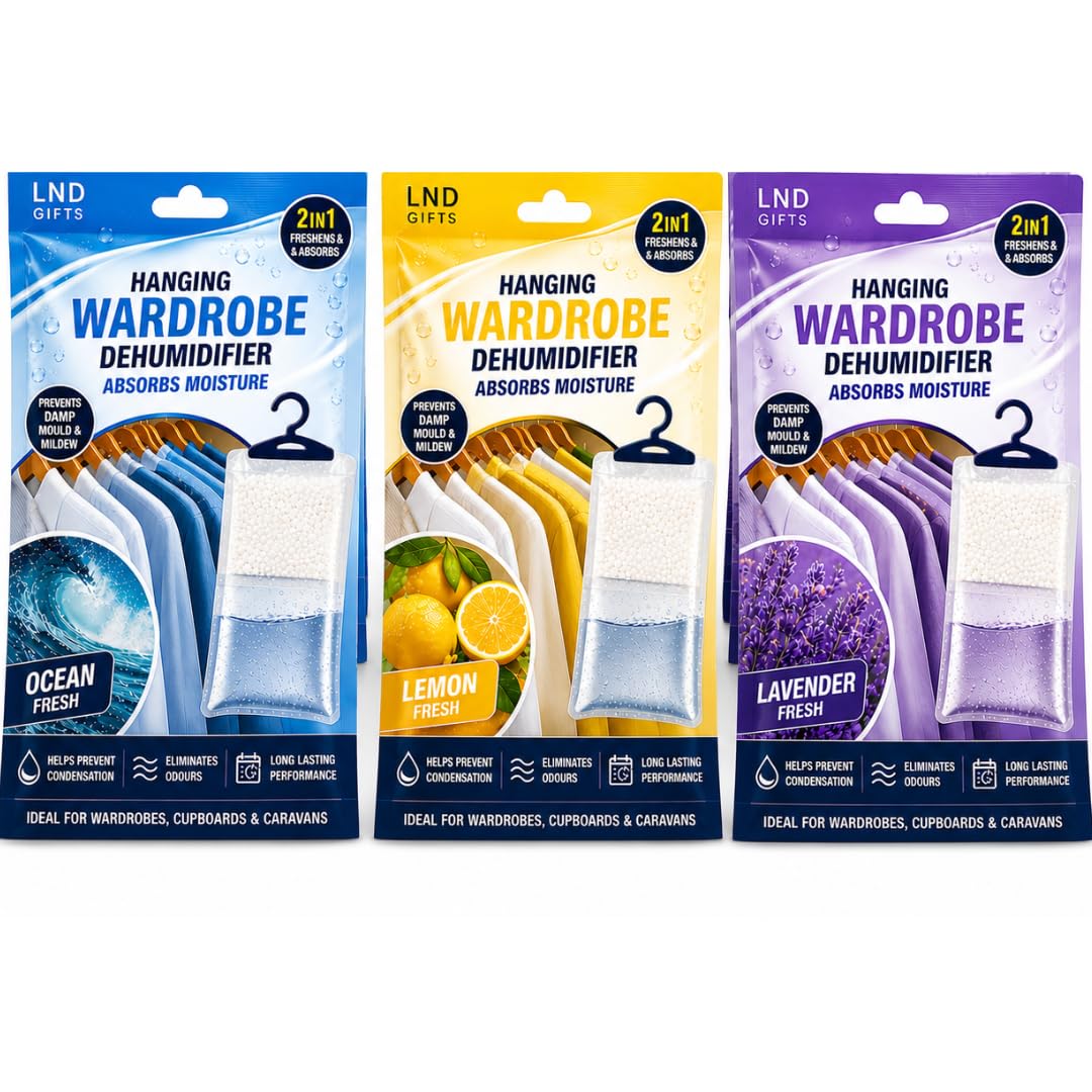 LND Gifts Set Of 3 Scented Hanging Wardrobe Dehumidifiers - Dehumidifier For Bedroom, Dehumidifiers Disposable, Dehumidifier Bags, Lavender, Ocean, Lemon Scents