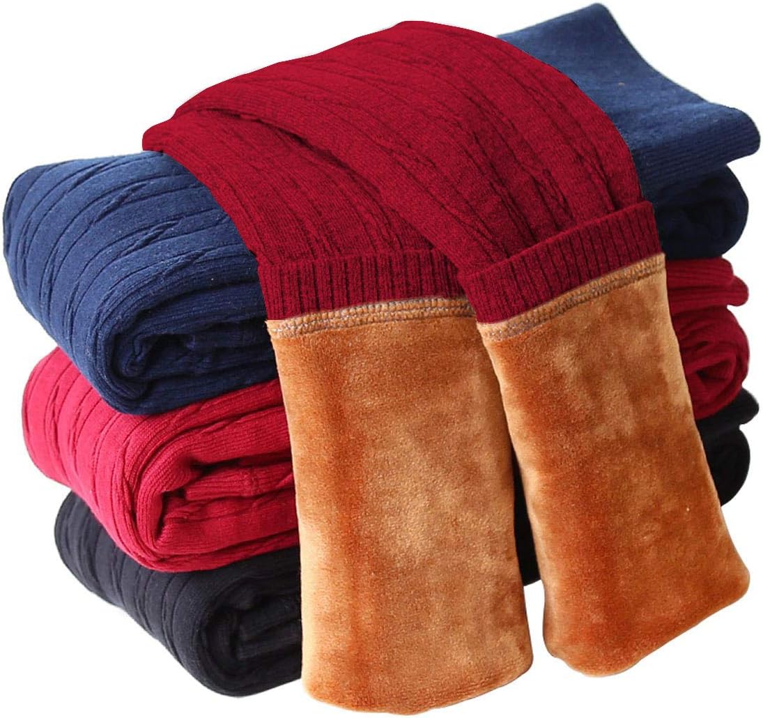 LUOUSE Girls Stretch Velvet Fleece Lined Leggings Little Kids Skinny Warm Thick Cable Knit Pants