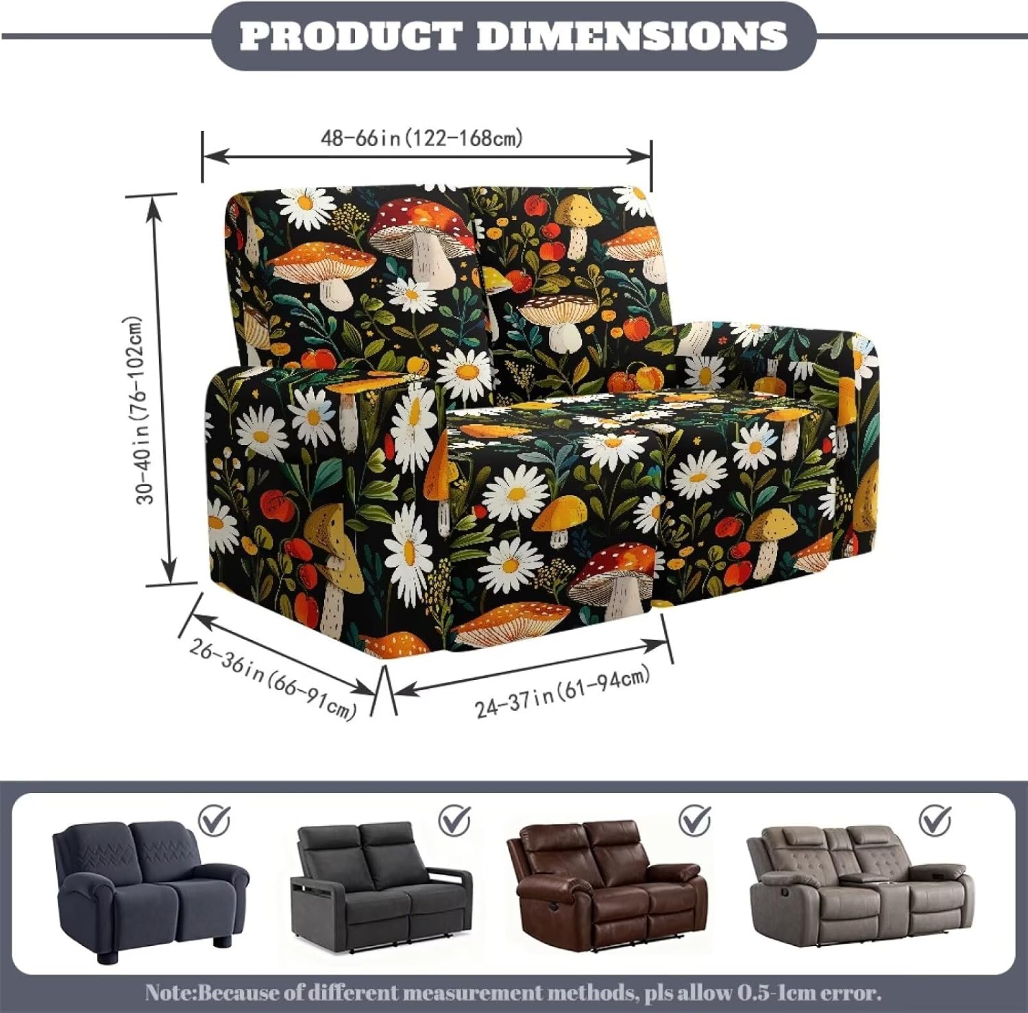 Mushroom Printed Recliner Loveseat Cover, 2-Seater Stretch Slipcover, Waterproof Easy-Clean Furniture Protector for Modern Home