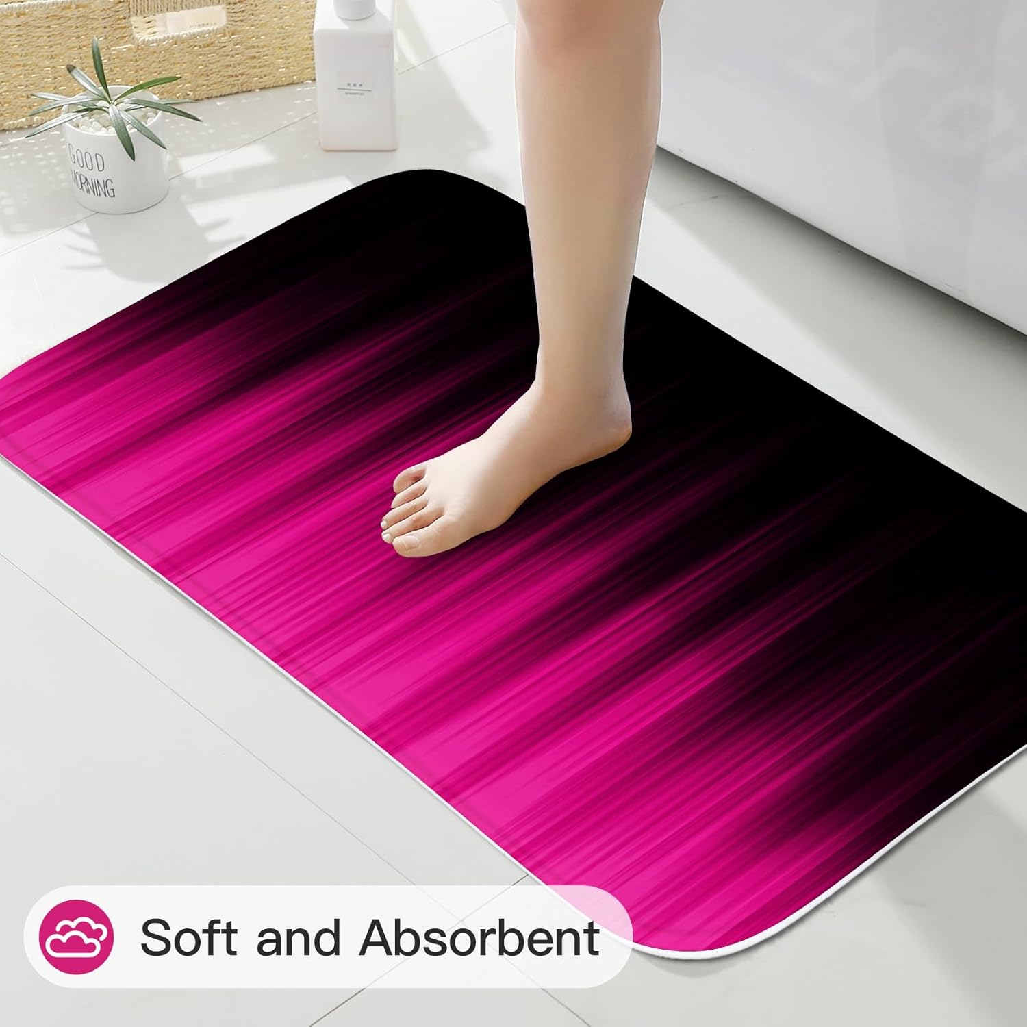 Litabel 4 Pcs Hot Pink and Black Gradient Shower Curtain Set with Rugs and Toilet Lid Cover, Modern Simple Waterproof Fabric Bathroom Set, Ombre Stripe Gothic Abstract Bathroom Decor Set Accessories
