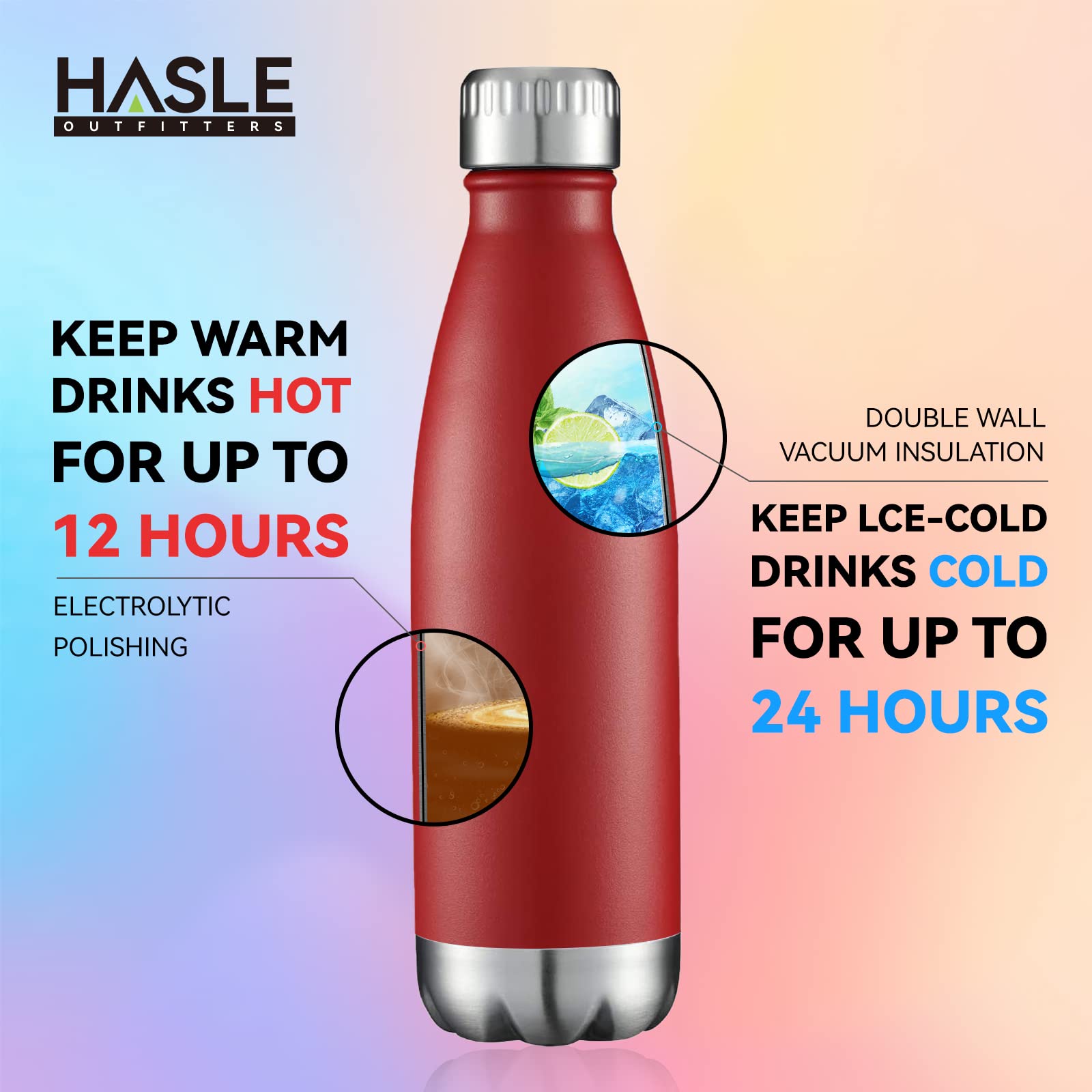 HASLE OUTFITTERS Botella de agua de acero inoxidable aislada al vacío de doble pared con tapa para deportes, viajes al aire libre a prueba de fugas