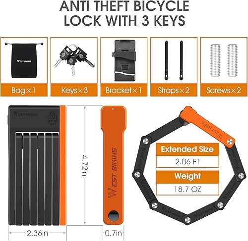 Miniatura 6 de Cerradura de bicicleta plegable compacta con 3 llaves, cerraduras de seguridad antirrobo de 2.06 pies, cerradura de cadena de seguridad de bicicleta