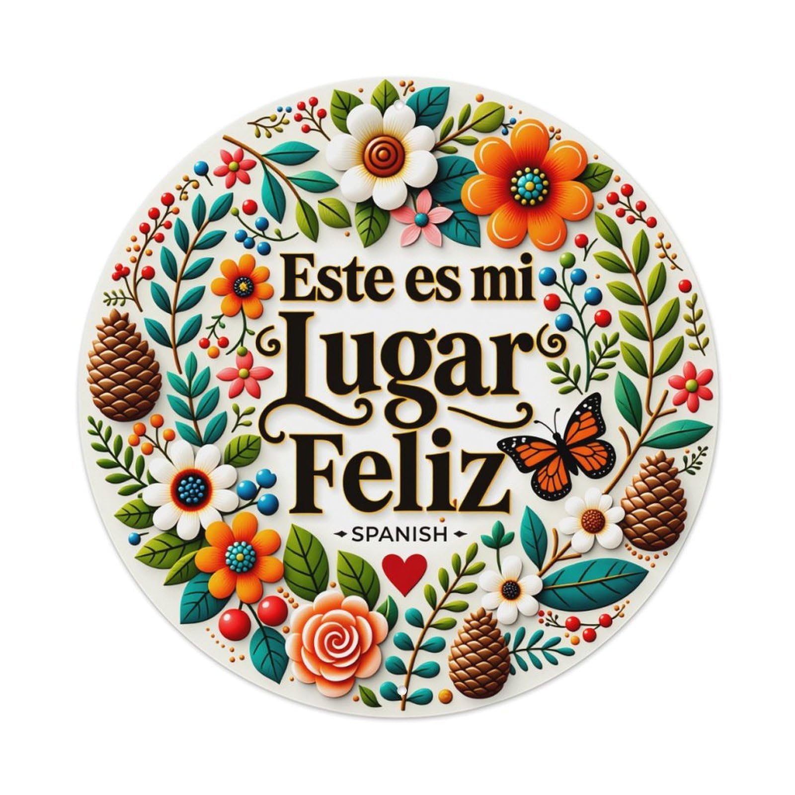 Floral Pattern With Colorful Flowers Leaves And Pinecones Round Vintage Tin Sign,Retro Wall Art,Metal Poster for Home, Bar, Garage, Cafe, Rustic Indoor & Outdoor Decor, 8x8 Inches
