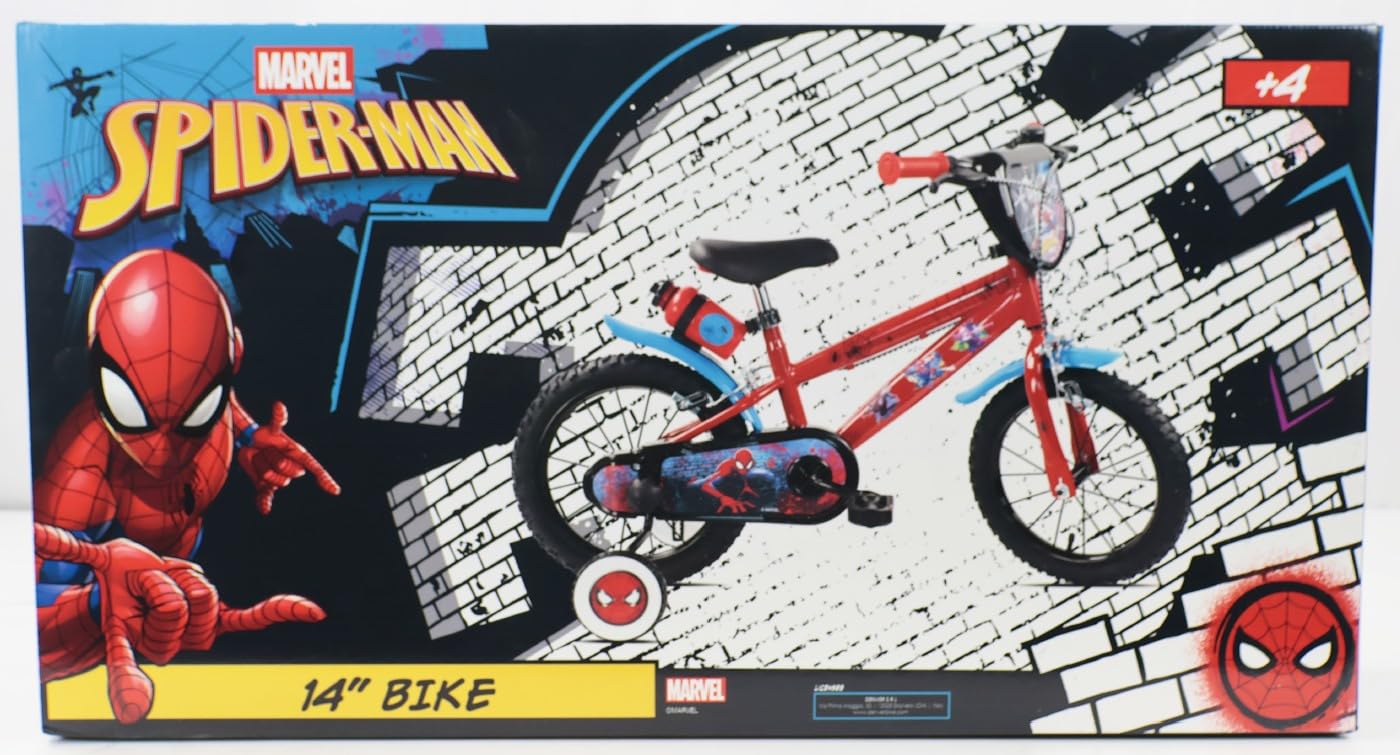 Velo 14 Pouces Spiderman équipé de 2 Freins, Plaque Avant décorative, bidon arrière, Roues à Rayons, pneus gonflables, stabilisateurs Amovibles et eclairages LEDs Inclus
