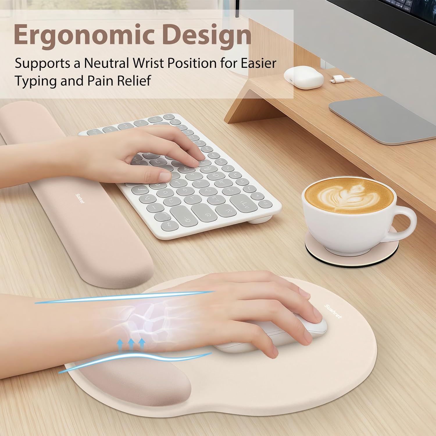 Sushret Mouse Pad and Keyboard Wrist Rest, 3-in-1 Gel Memory Foam Ergonomic Mouse Pad with Wrist Rest Set, Gaming Mousepad Arm Cushion Support for Computer Office Desk Accessories Cute Setup,Apricot