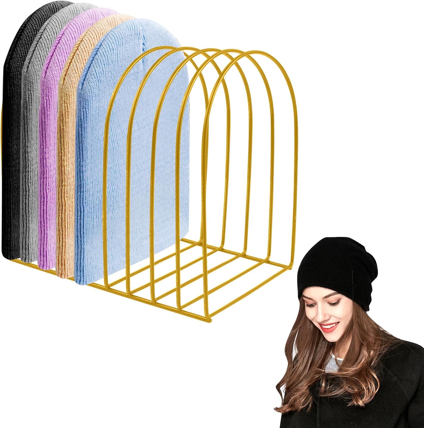 Beanie Holder Organizer, Knitted Hat Storage Rack Display Stand Metal Cap Holder for Winter Swimming Hat Display Home Entryway Tabletop Bedroom Closet Dresser Room Office (Black, 1 Pcs)
