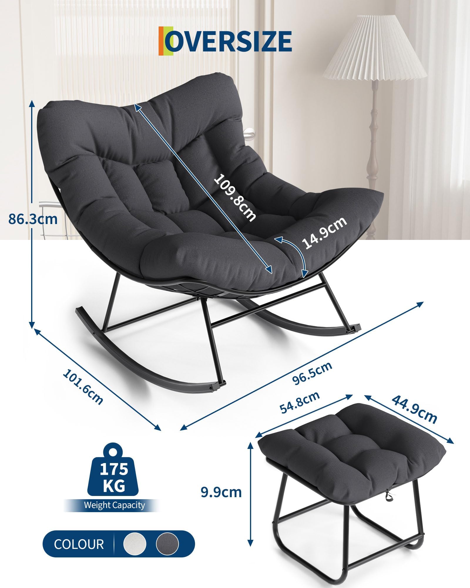 Sedia a dondolo esterno oversize forma uovo poggiapiedi - Seduta ergonomica tessuto grigio imbottitura spessa, struttura in metallo resistente alle intemperie, moderna sedia giardino giardino