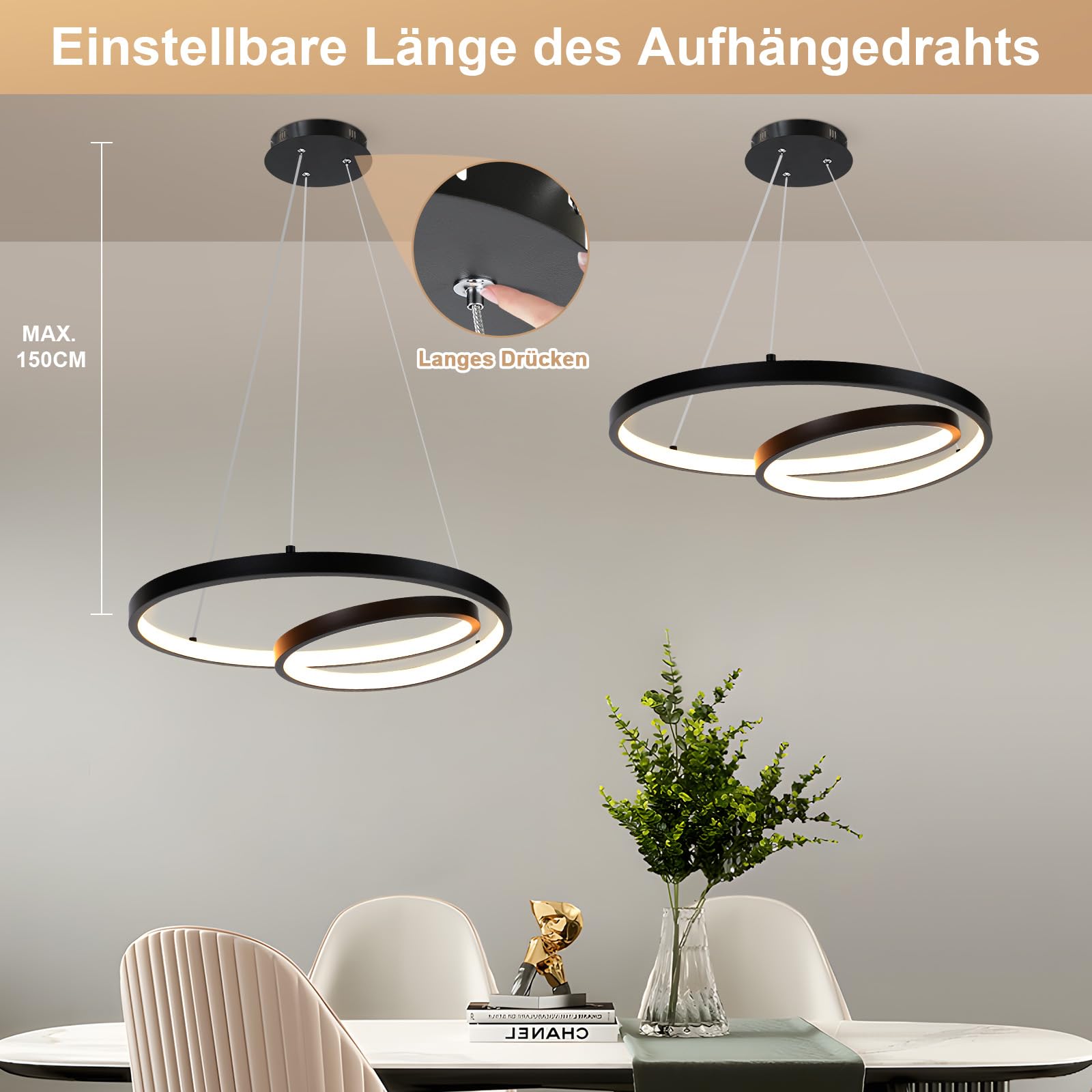 ZMH Pendelleuchte Esstisch Hängelampe LED Schwarz Esszimmerlampe Hängend