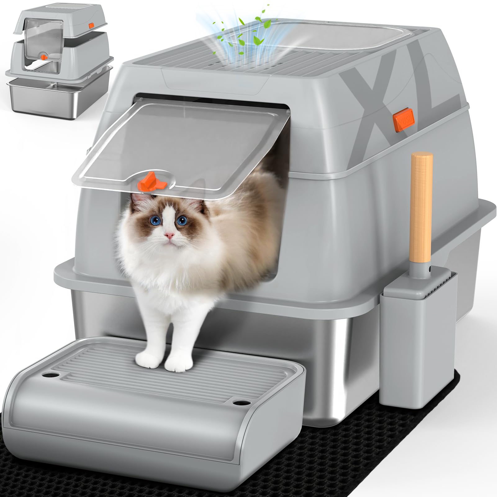 Maison de toilette pour chat en acier inoxydable XL gris pour intérieur