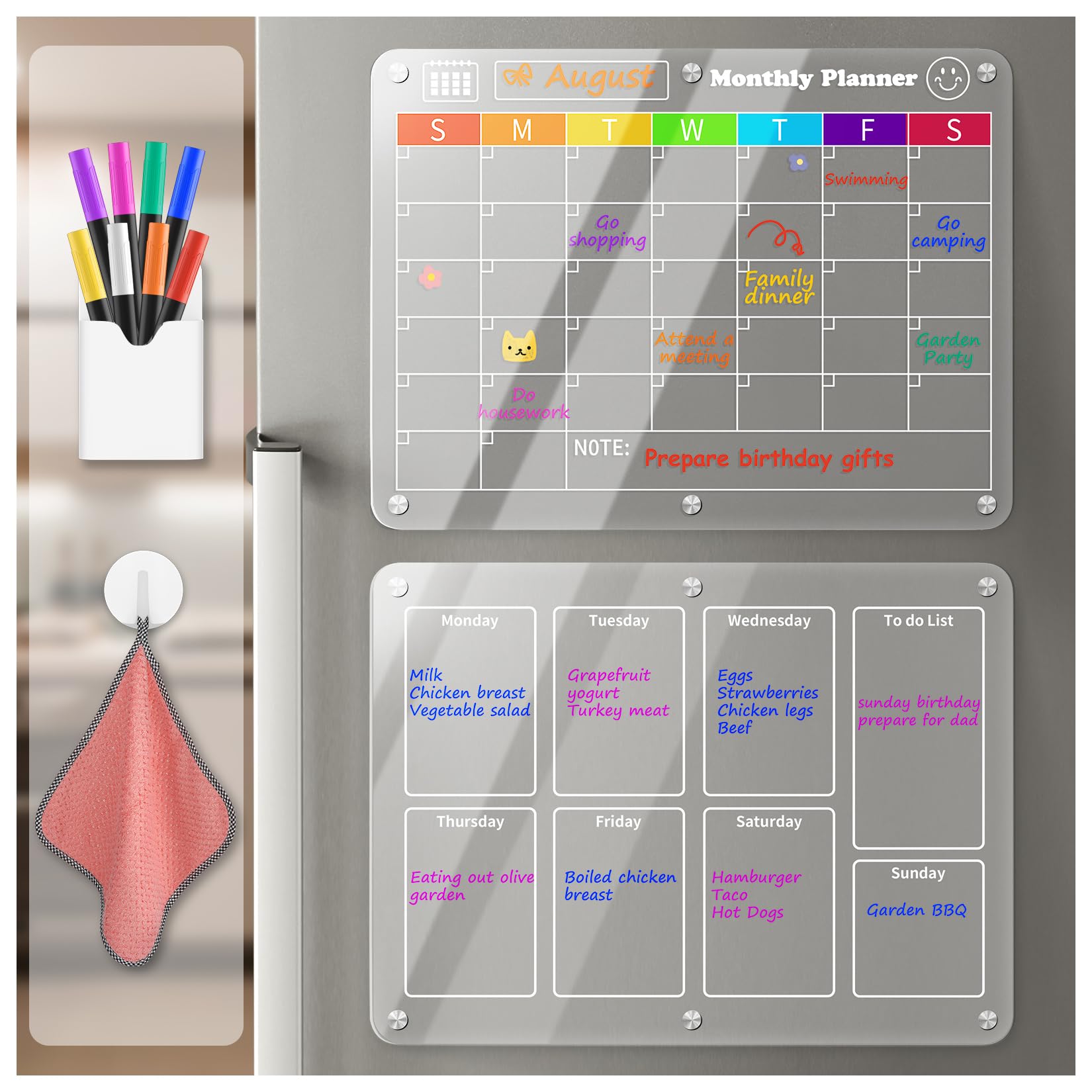 Photo 1 of CHILIGO Acrylic Magnetic Calendar for Fridge, 2 Pack 16"x12" Clear Magnetic Dry Erase Board for Fridge Reusable Monthly & Weekly Planner Board Refrigerator Calendar with 8 Colors Markers Monthly and Weekly Calendar