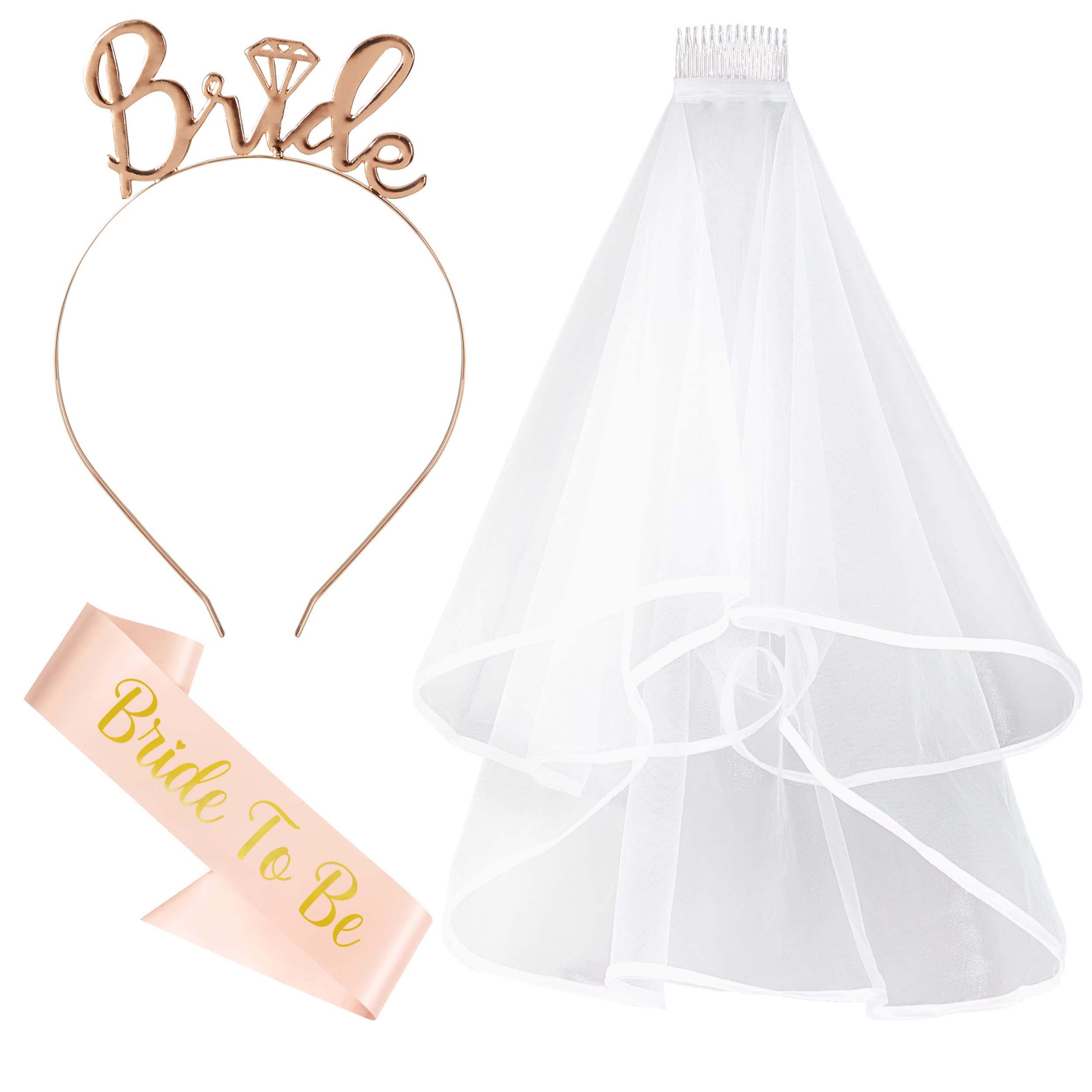 3pc Bride to Be Accessories Including Rose Gold Bride to Be Sash, Bridal Headband Tiara, 2 Tier Hen Do Veil White with Comb - Hen Party Accessories or Bachelorette Party Decorations