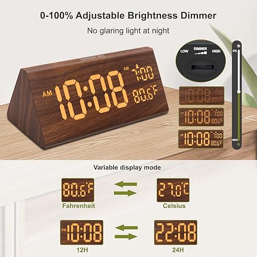 Miniatura 6 de DreamSky Reloj despertador digital de madera para dormitorio, reloj eléctrico de 7.7 pulgadas con puerto USB, números grandes, temperatura,