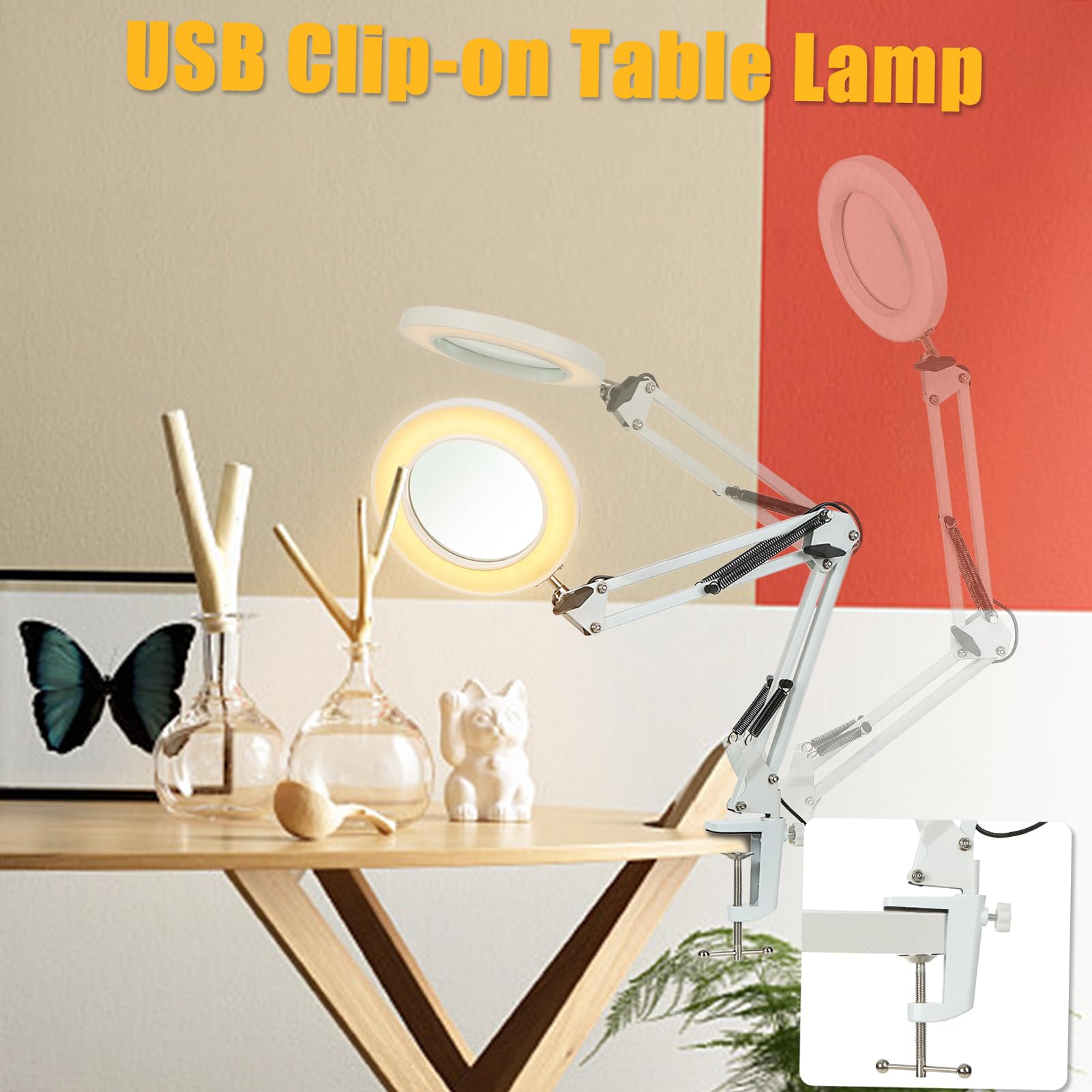Tomshine lampa z lupą z zaciskiem, 8 x lampa powiększająca, regulowana lampa na biurko, lampa na biurko, 3 tryby kolorów, ściemniana, do rzemiosła stołowego