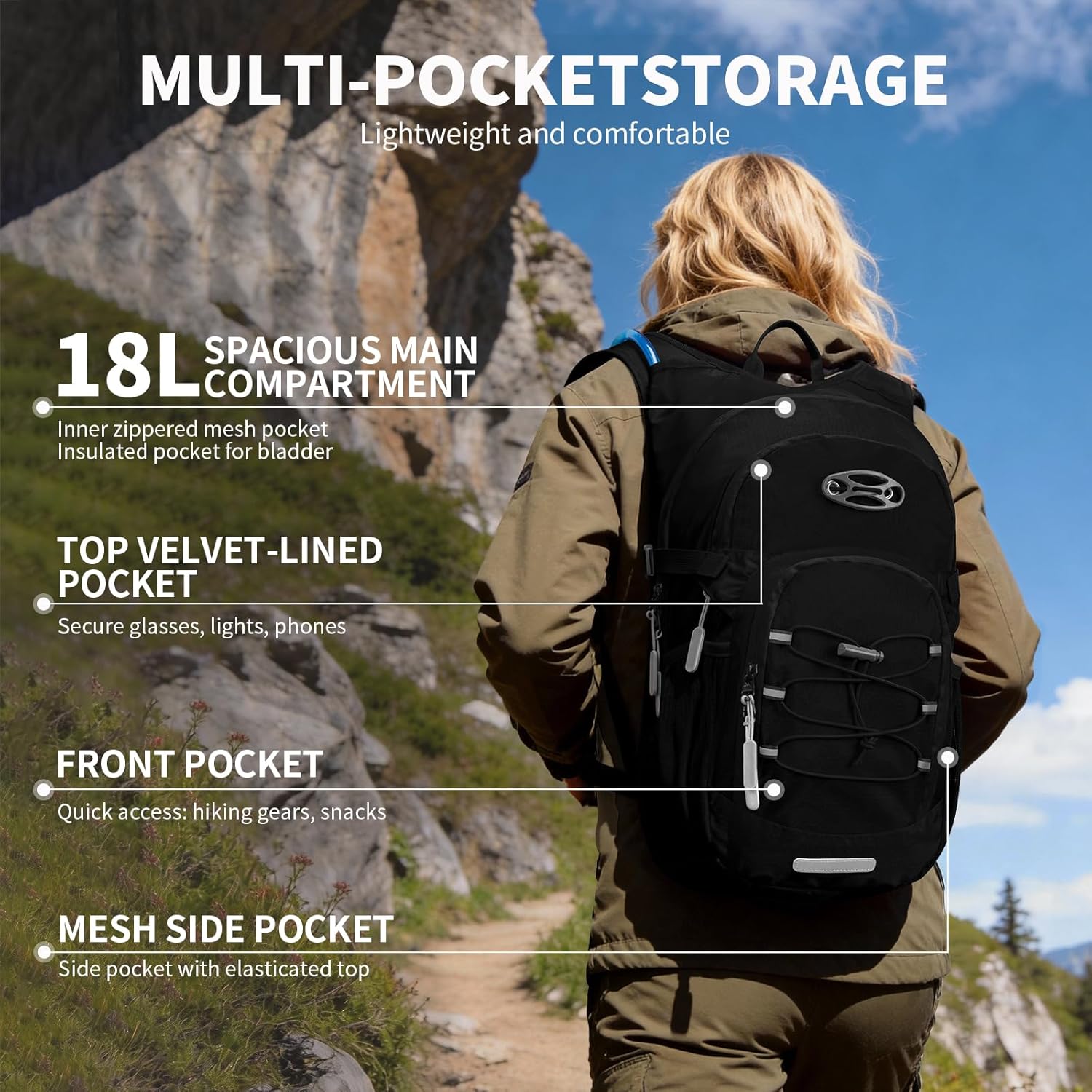 KABAQOO Hydration Backpack, 18L Multipurpose Hiking Backpack with 3L Water Bladder, Water Backpack Insulated Hydration Pack Ideal for Hiking and Cycling