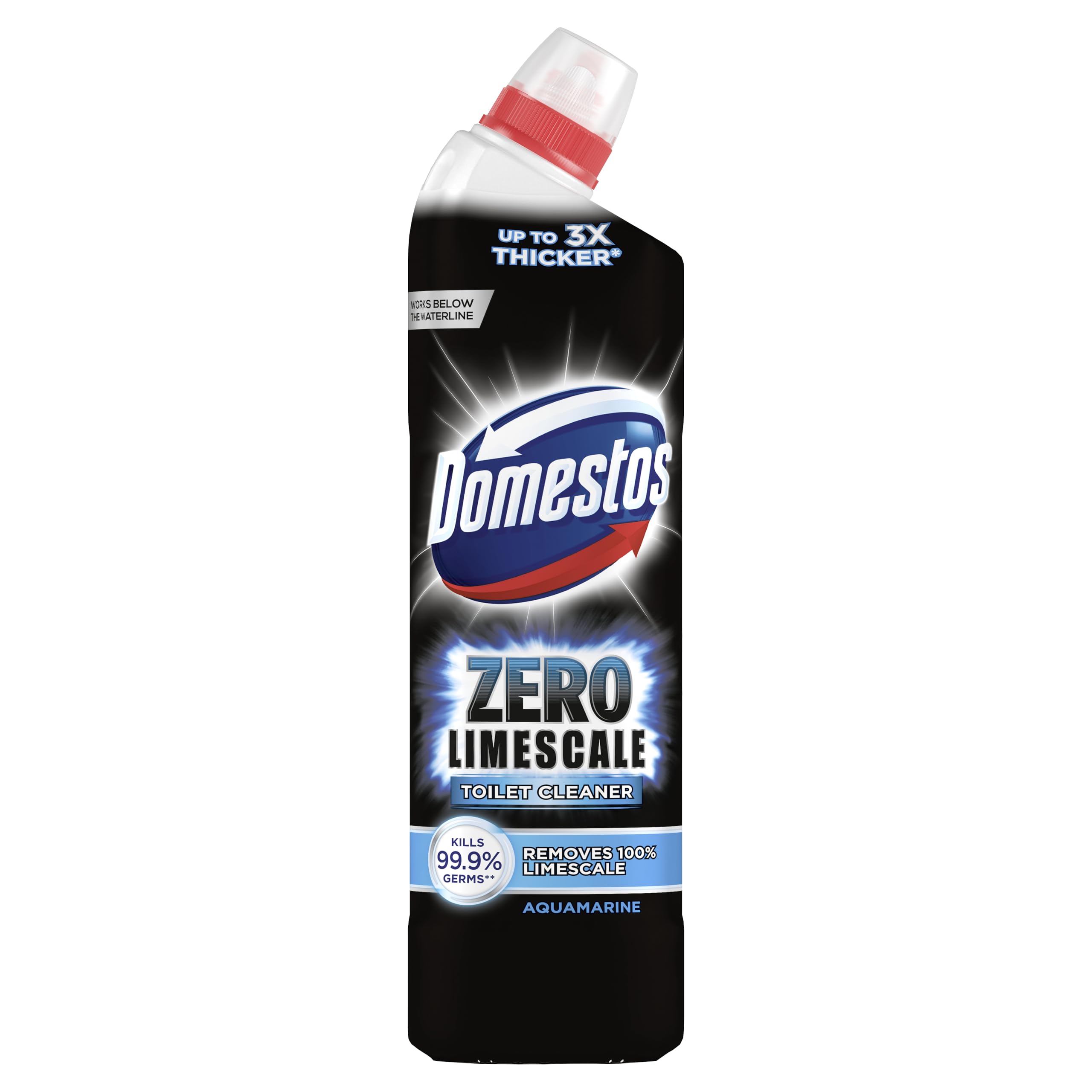 Domestos Zero Limescale Aquamarine Toilet Cleaner eliminates 99.9% of germs* limescale remover 750 ml