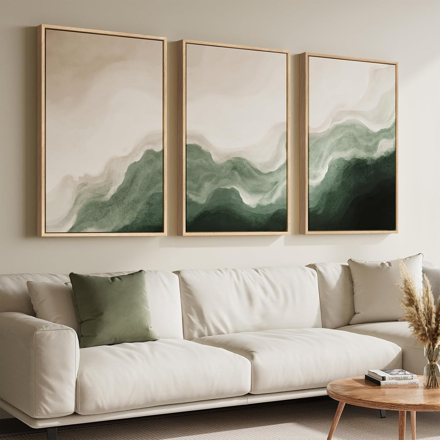 large framed green and beige abstract wall art set of 3, modern neutral canvas prints paintings artwork for walls, minimalist abstract pictures for living room dining room bedroom wall decor 20x30 in 20" w x 30" h x 3pcs serene tides