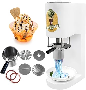 Spaghetti Ice Cream Press Machine - 4 Interchangeable Molds, Space Saving Design, One-Touch Operation, Easy to Clean, Professional Soft Serve Dessert Maker for Shops, Cafes & Catering 110V