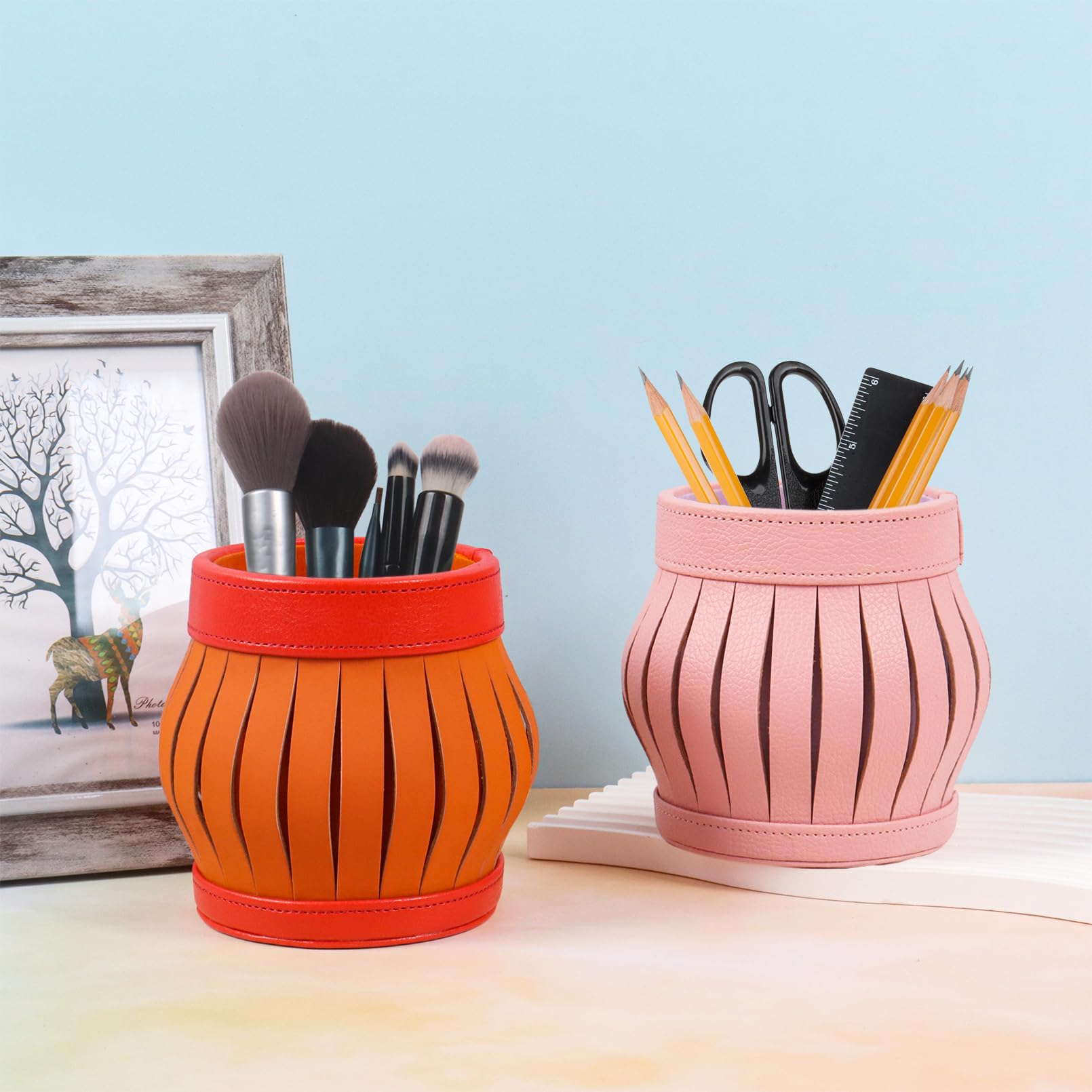 Nwvuop Makeup Brush Holder PU Leather Cosmetic Storage Organiser, Make Up Brush Organiser for Vanity Pen Pencil Holder(Pink) - Image 4