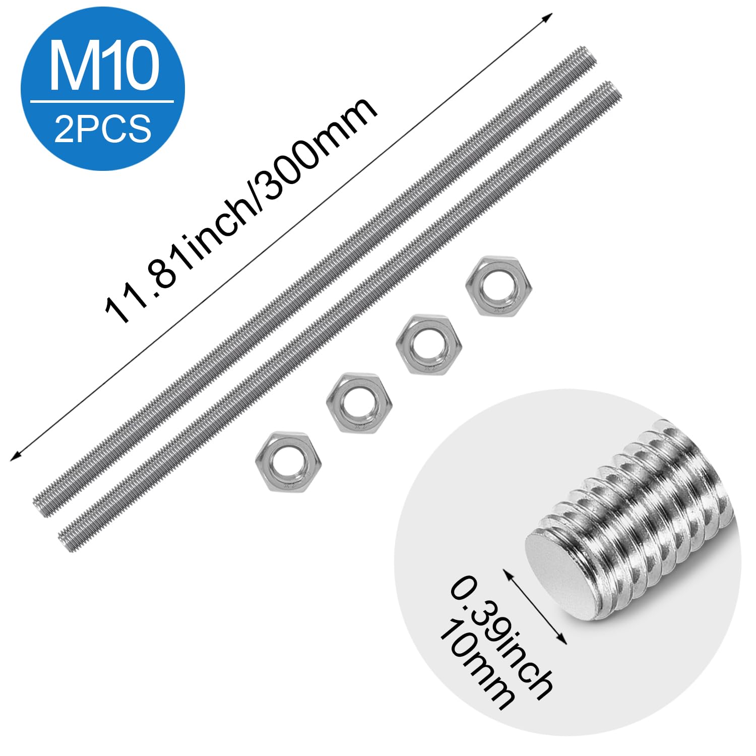 Stainless Steel Threaded Rods - 2 Pack, 11.8" -2 Stainless Steel Threaded Rods - 2 Pack, 11.8" -2