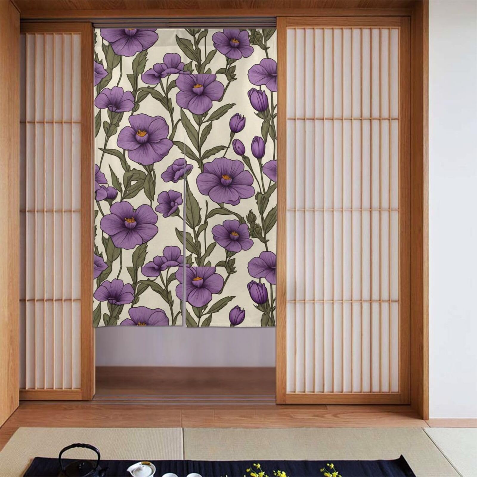 Cortina de puerta para ocultar el interior del baño con diseño floral lila