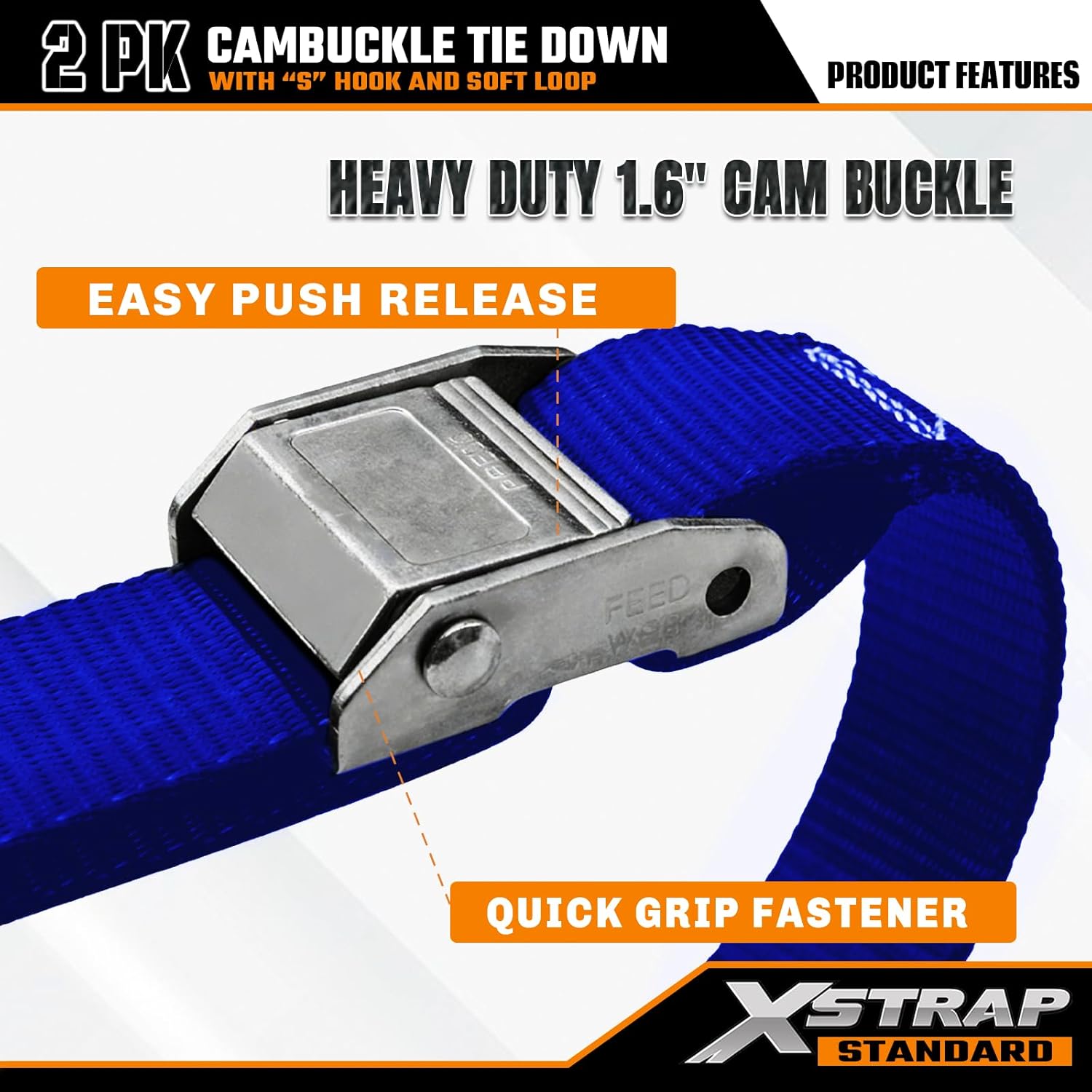XSTRAP STANDARD 2-Pack Heavy Duty Tie Down Straps, 1.5" x 8ft, 3000lb Break Strength with S Hooks & Soft Loops for Motorcycle, ATV, Kayak, Boat, Truck Accessories - Blue